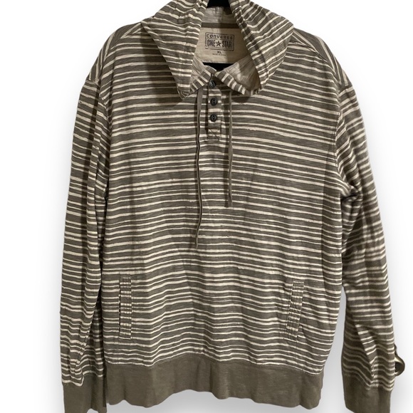 CONVERSE Mens Hoodie Jackets XL Beige Olive Long Sleeve Pullover Pocket Striped. - Picture 2 of 8